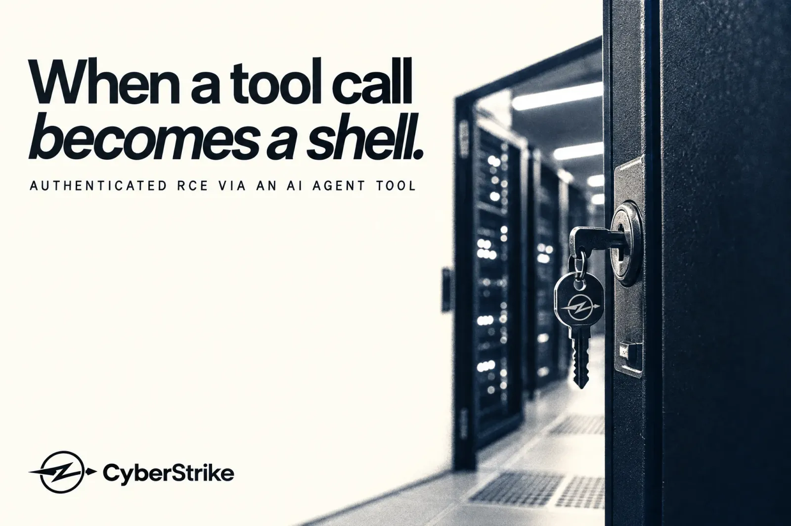 A server-rack door ajar with a key left in the lock — when a tool call becomes a shell: authenticated RCE via an AI agent tool