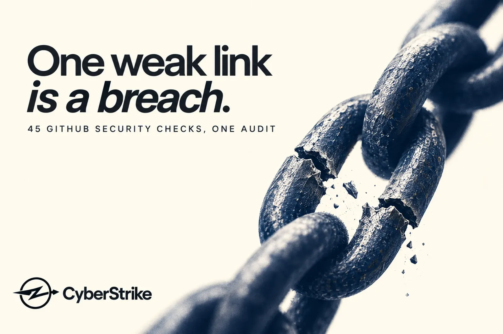 A heavy chain with one cracking link — one weak link is a breach: 45 GitHub security checks in one audit through an MCP server