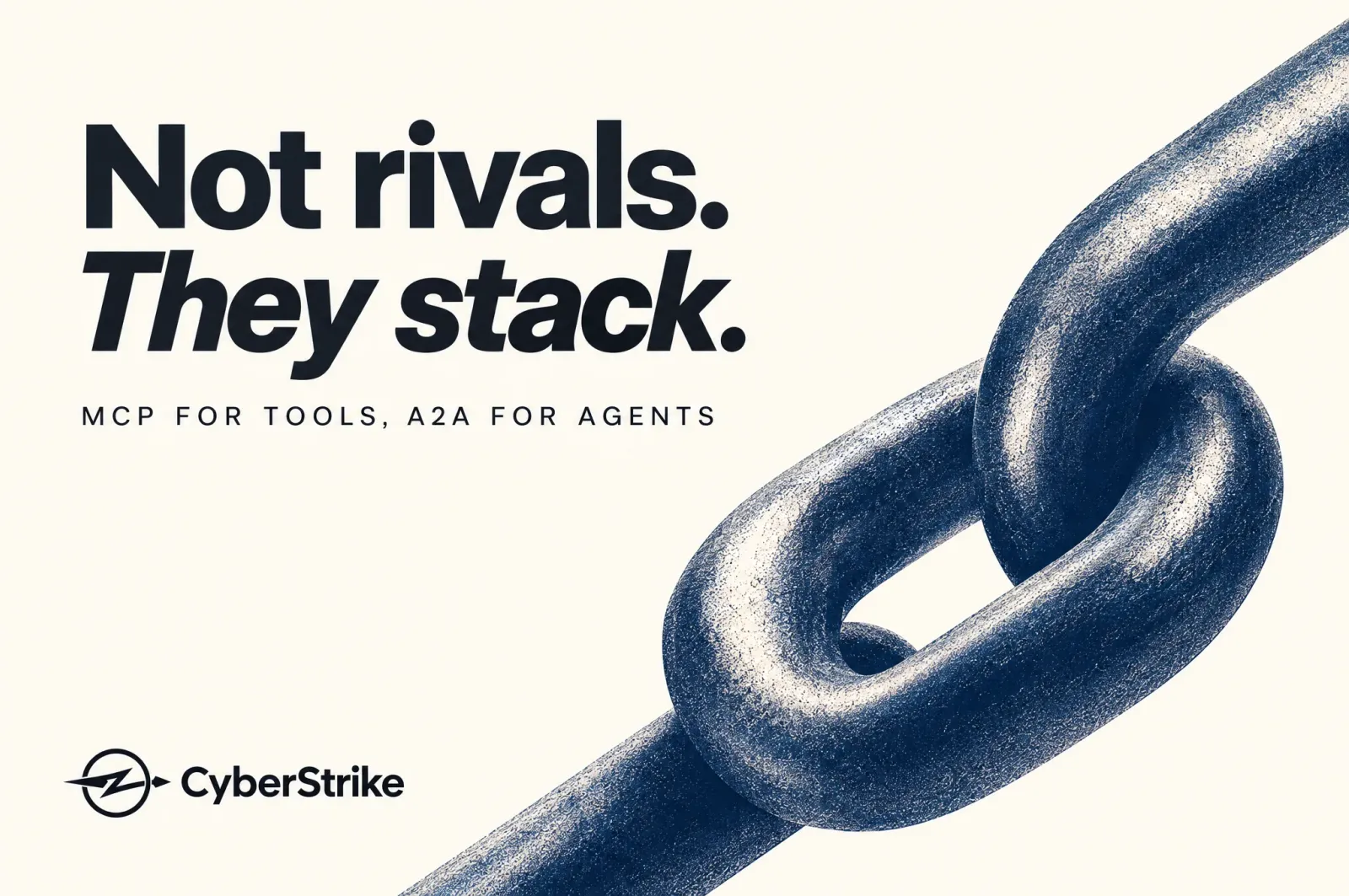 Two interlocking chain links — MCP for tools, A2A for agents: not rivals, they stack